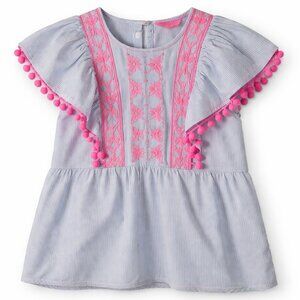 Lilly Pulitzer Embroidered Top Pom Pom Trim Flutter Sleeve Pink Size XS